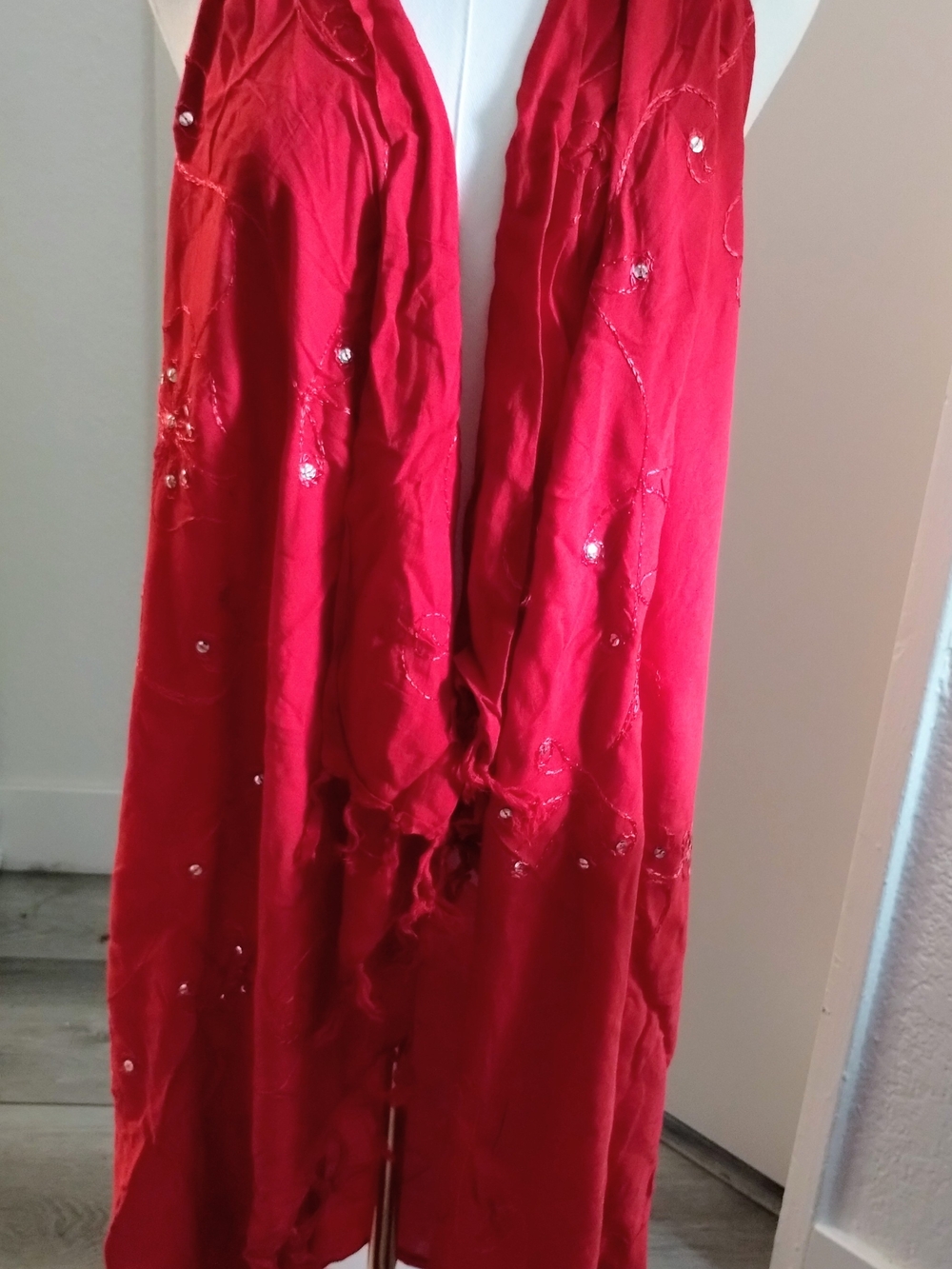 Red Embellished Decorative Scarf, Shawl, Bathing Suit Cover Up